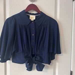 Anthropologie Navy Blue Button-Up Flowy Sleeve Women's Top